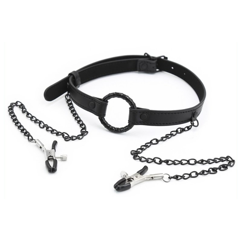 baillon anneau et pince tetons gag nip noir 1