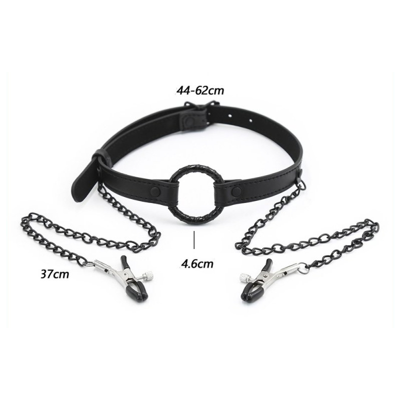 baillon anneau et pince tetons gag nip noir 4