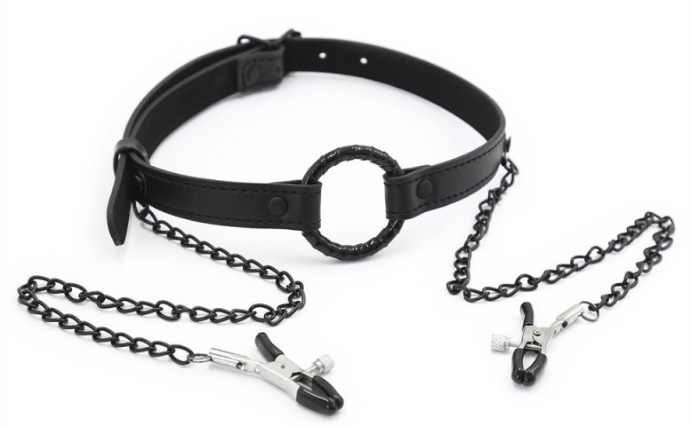 baillon anneau et pince tetons gag nip noir 7