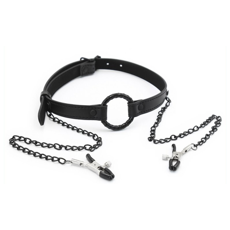 baillon anneau et pince tetons gag nip noir