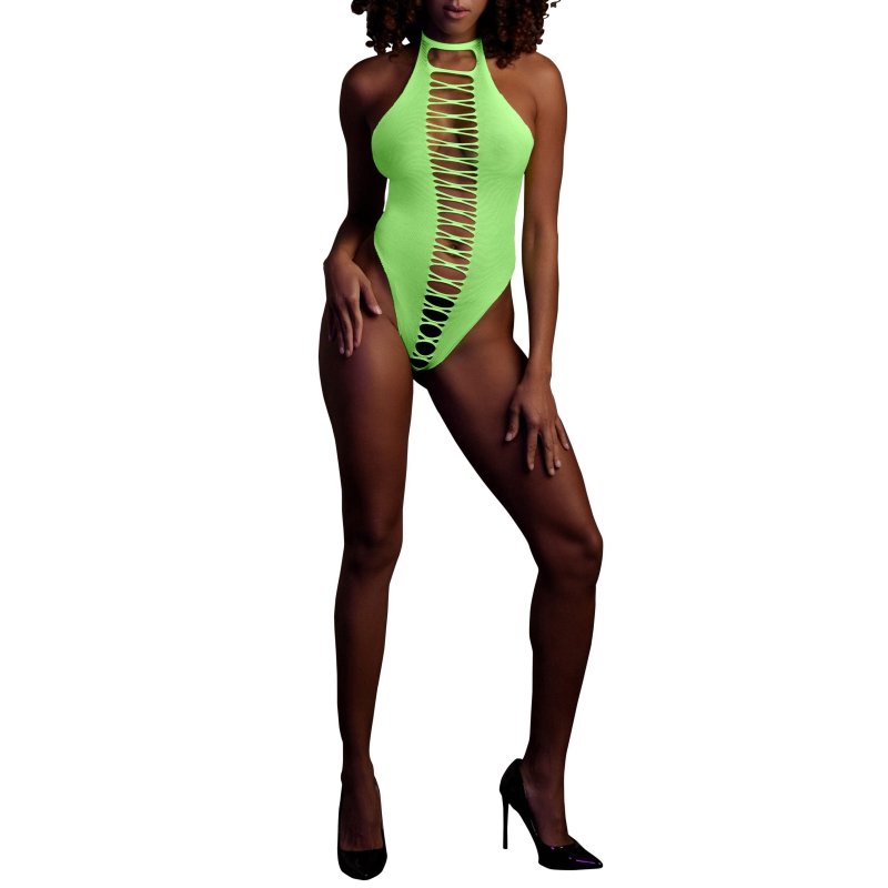 body echancre ouvert a l entrejambe avec dos nu vert fluo scaled