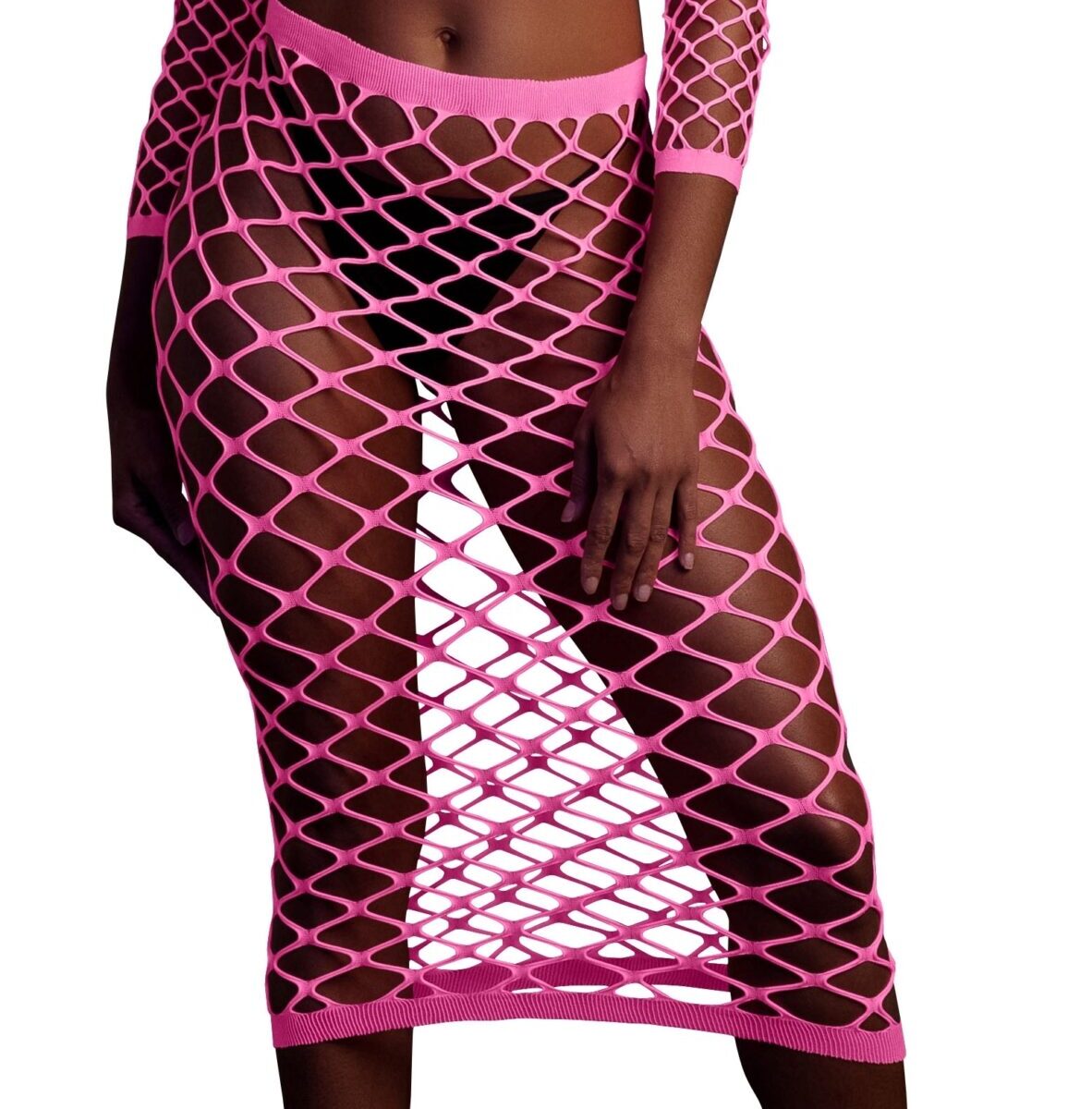 bustier et robe filet epaules denudees rose fluo scaled
