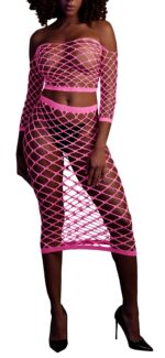bustier et robe filet epaules denudees rose fluo scaled