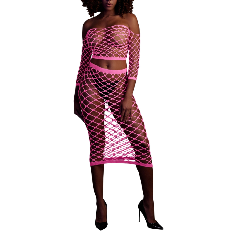 bustier et robe filet epaules denudees rose fluo scaled
