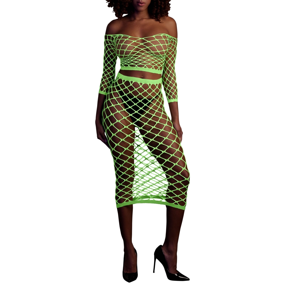 bustier et robe filet epaules denudees vert fluo scaled