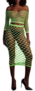 bustier et robe filet epaules denudees vert fluo scaled
