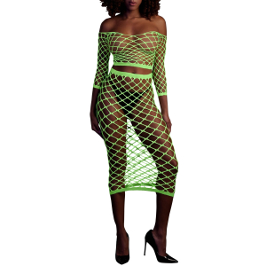 bustier et robe filet epaules denudees vert fluo scaled