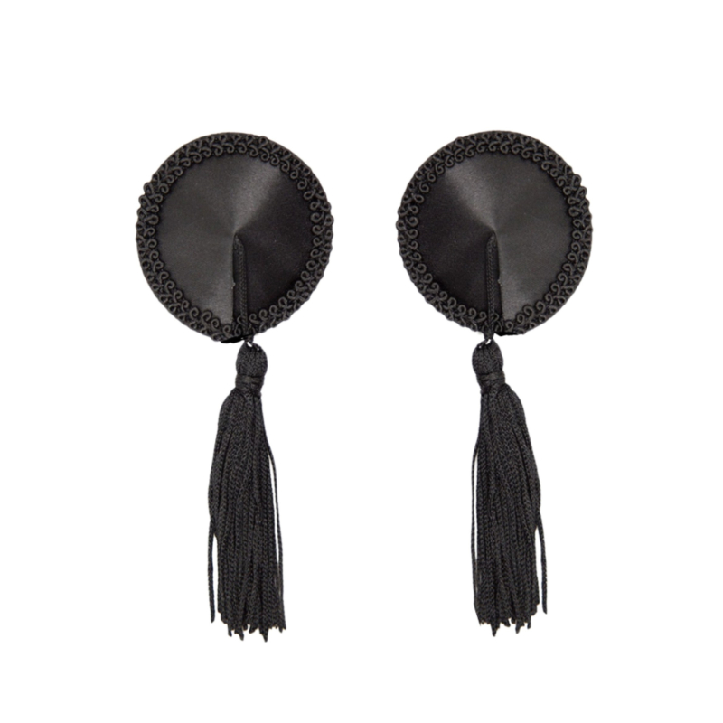 cache tetons satin avec pompon nipple couture noir