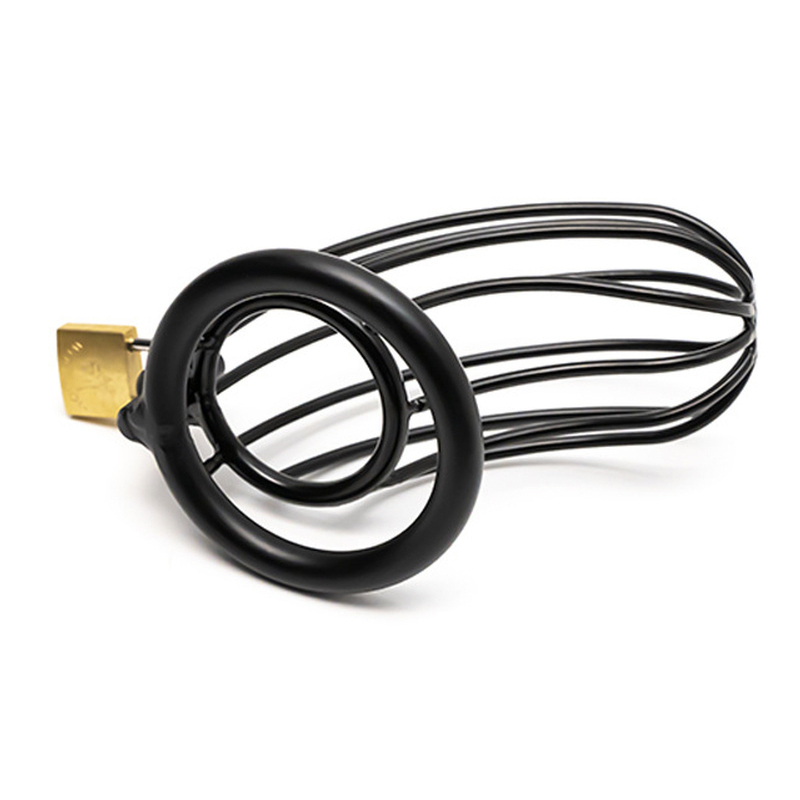 cage de chastete en metal grille 12 x 35cm anneau 50mm noir 1