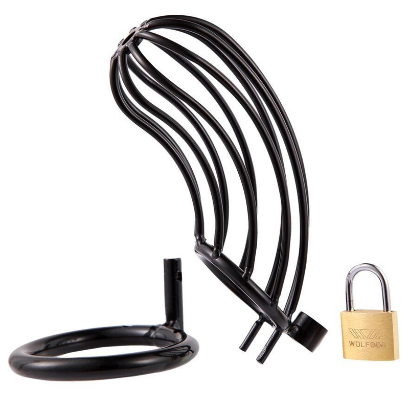 cage de chastete en metal grille 12 x 35cm anneau 50mm noir