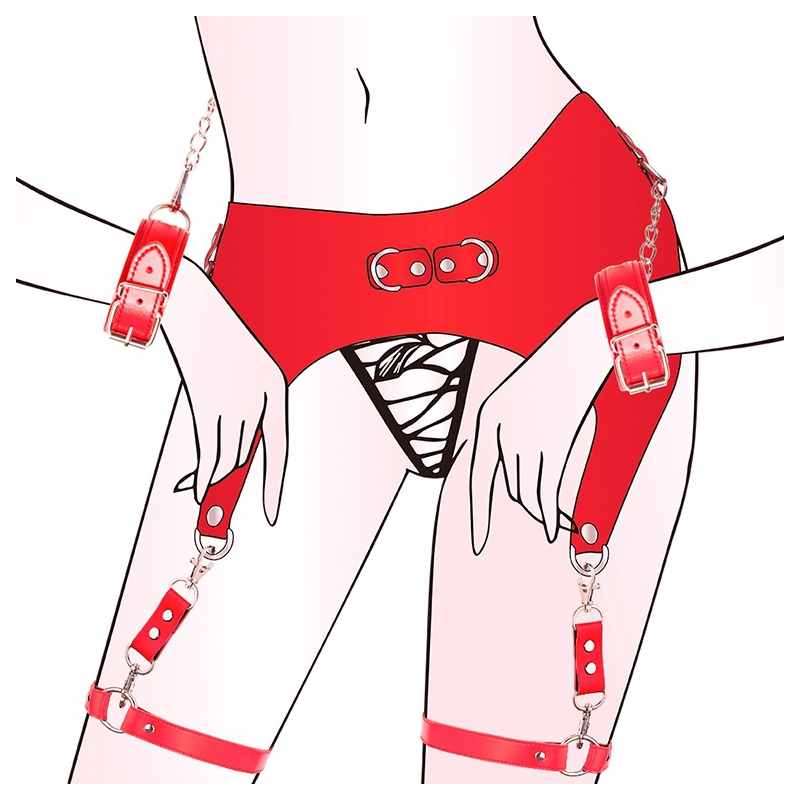 ceinture porte jarretelles et menottes rouge 3