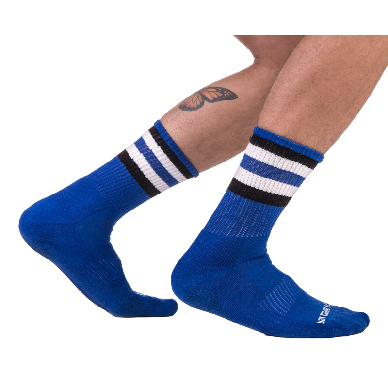 chaussettes half fetish stripes bleu noir blanc