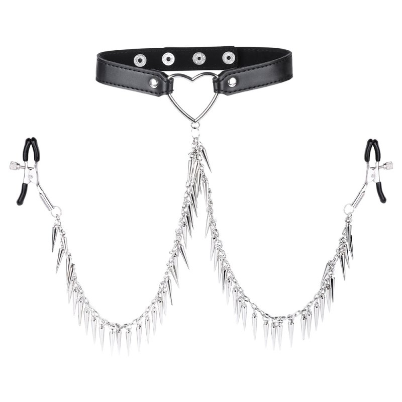 collier avec pince tetons spike heart noir