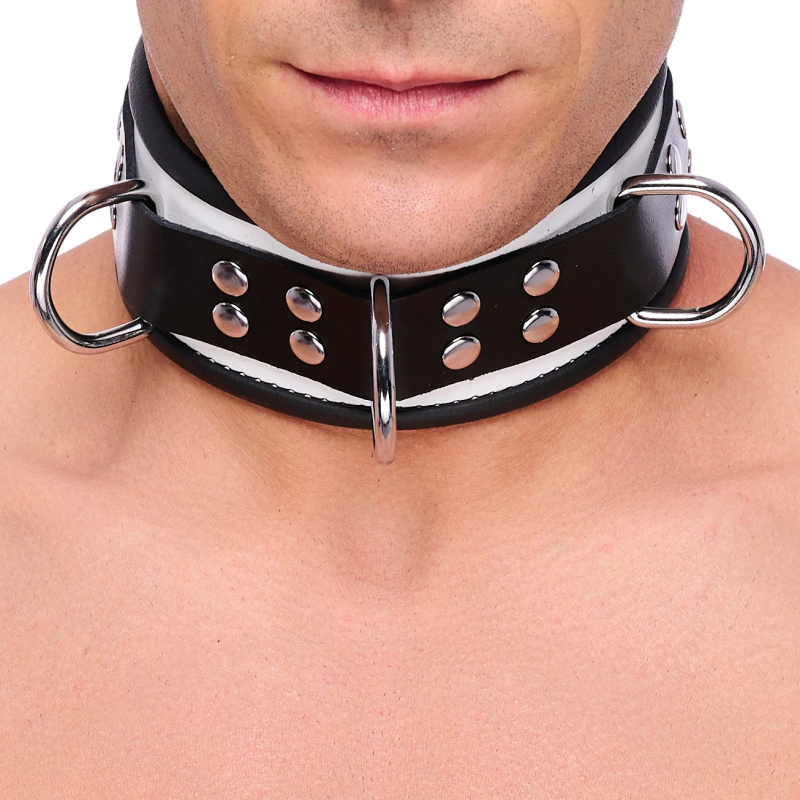collier en cuir 3 anneaux d blanc noir 1