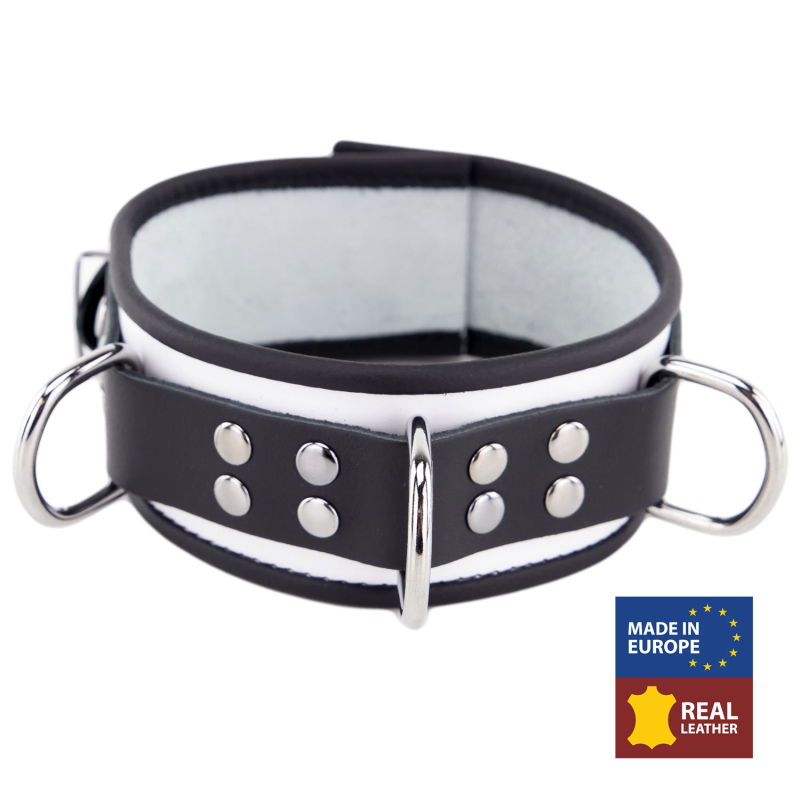 collier en cuir 3 anneaux d blanc noir