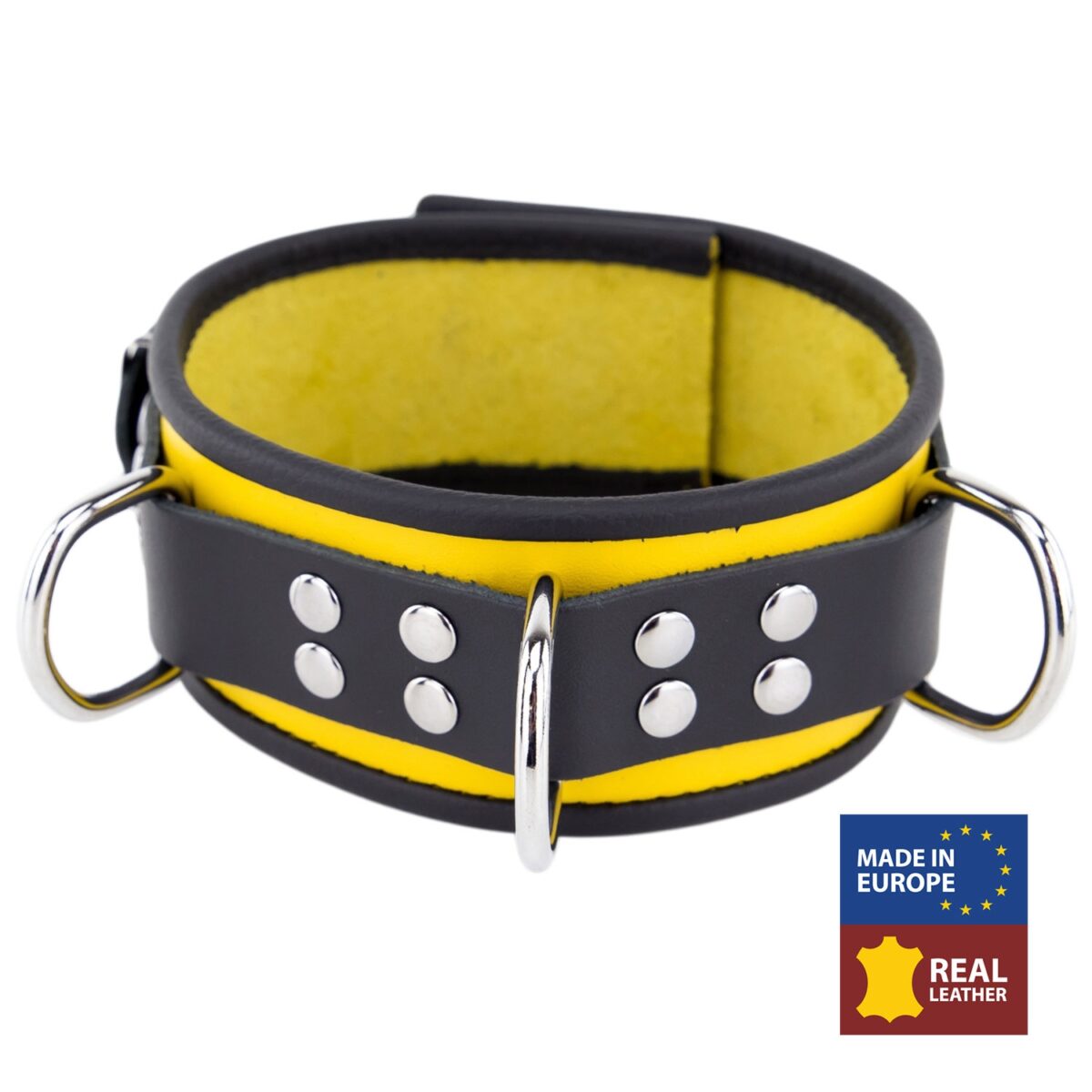 collier en cuir 3 anneaux d jaune noir