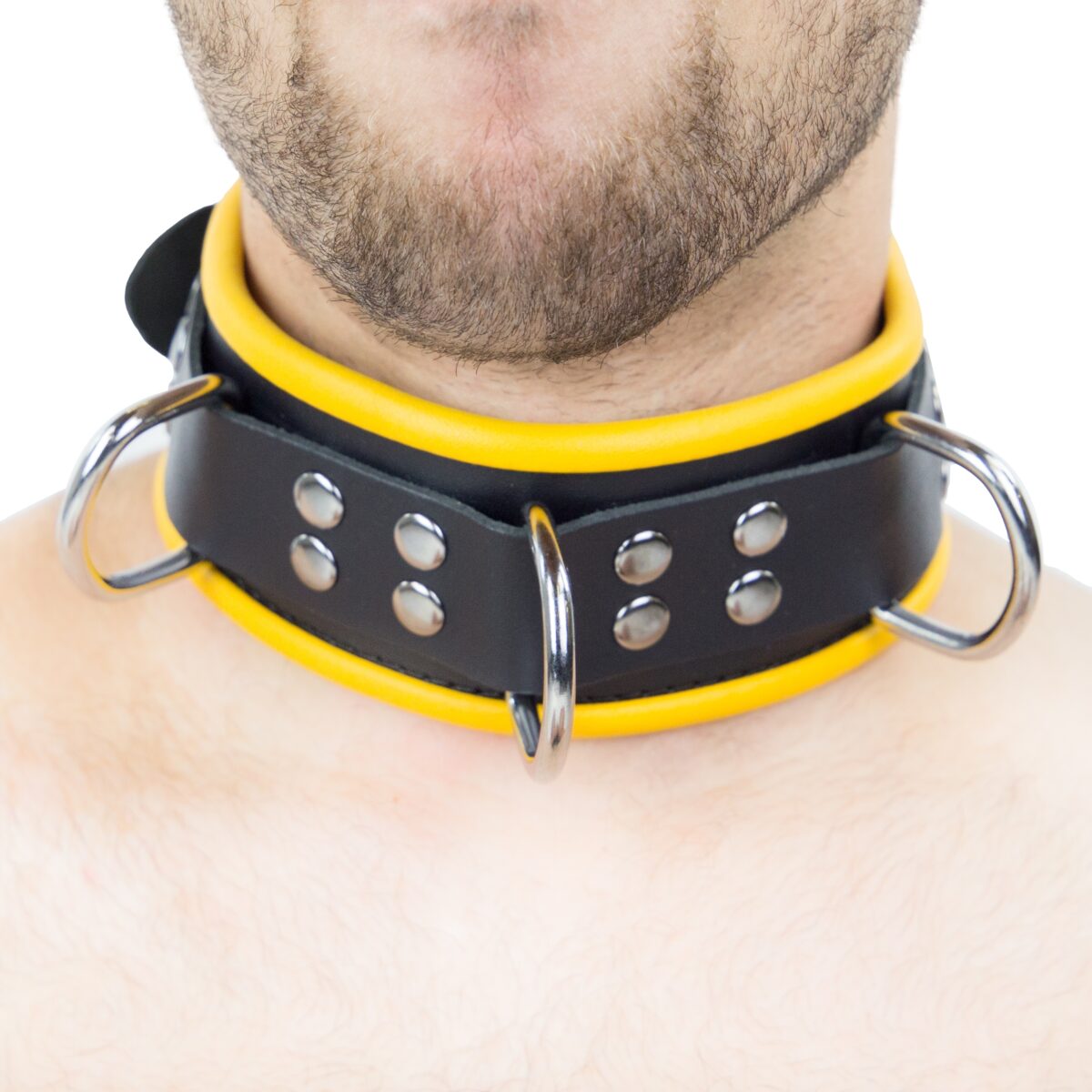 collier en cuir 3 anneaux d noir jaune 1