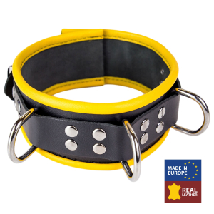 collier en cuir 3 anneaux d noir jaune