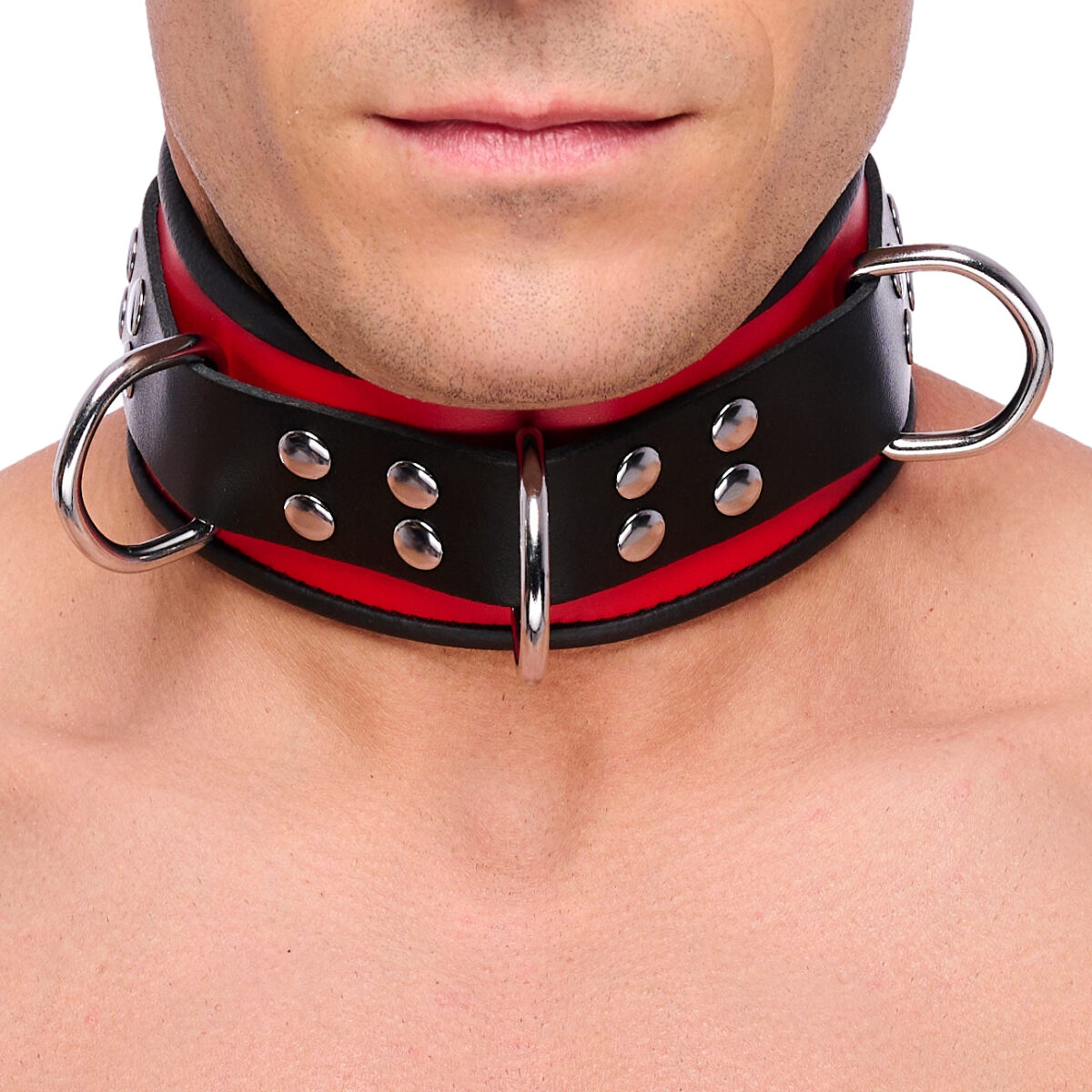 collier en cuir 3 anneaux d rouge noir 1