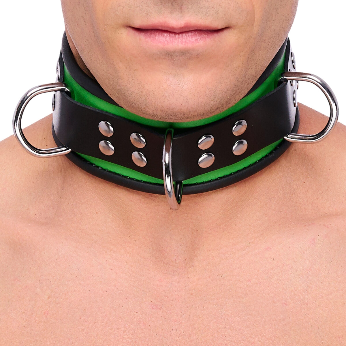 collier en cuir 3 anneaux d vert noir 1