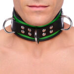 collier en cuir 3 anneaux d vert noir 1