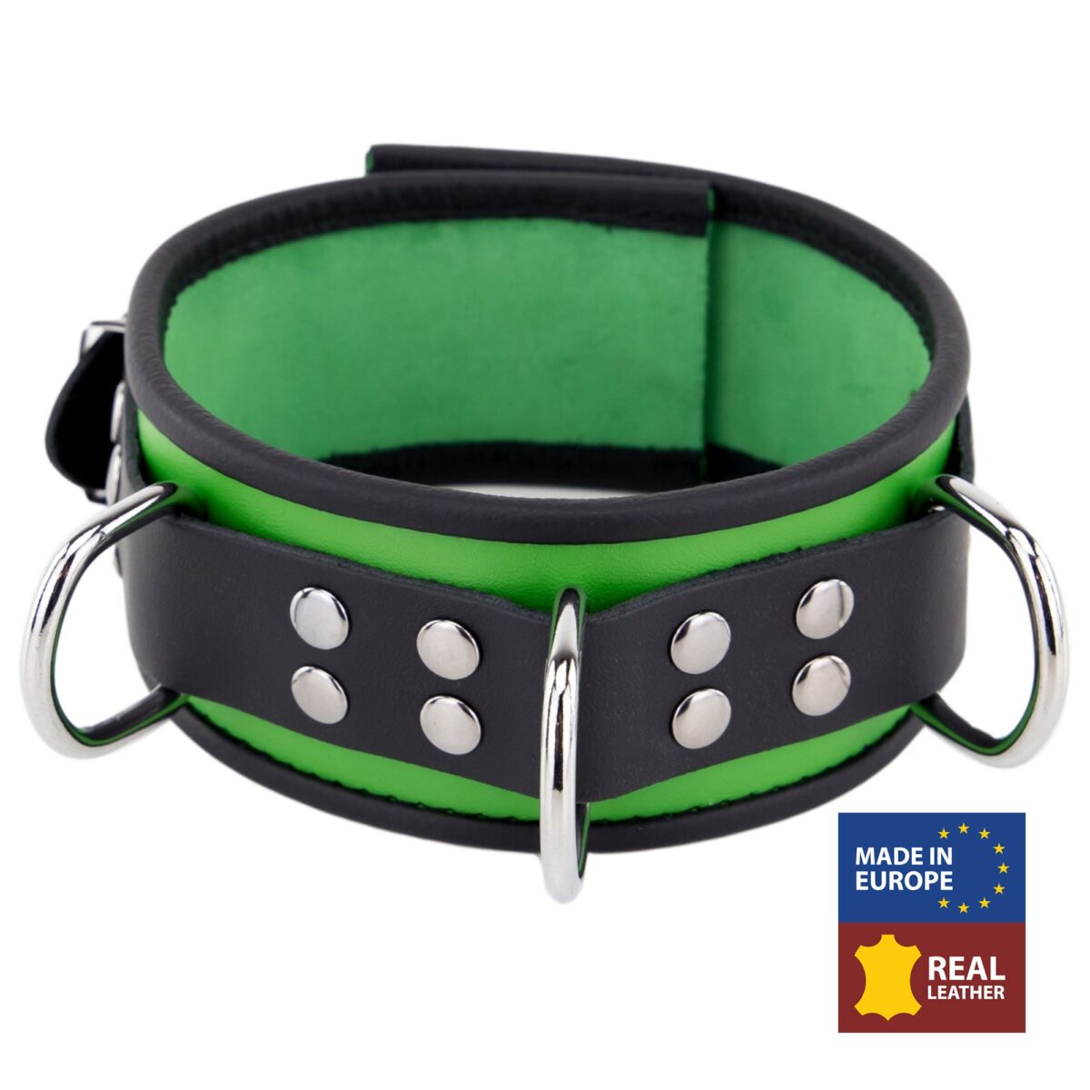 collier en cuir 3 anneaux d vert noir