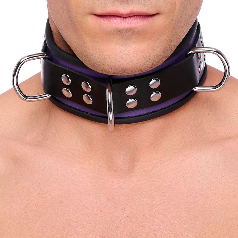 collier en cuir 3 anneaux d violet noir 1