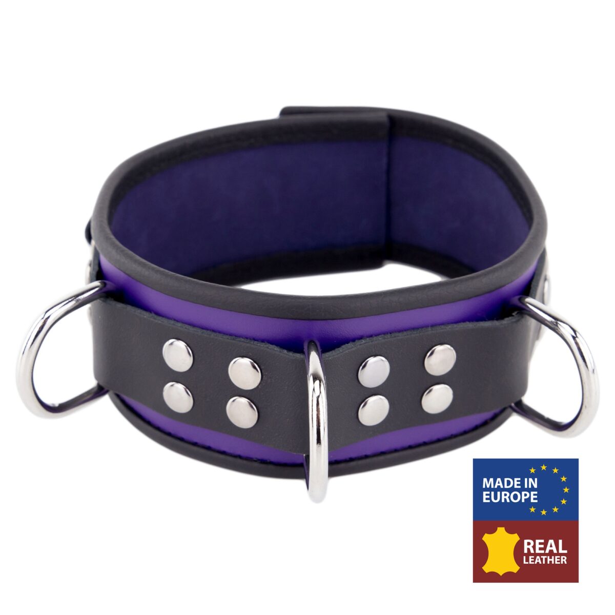 collier en cuir 3 anneaux d violet noir