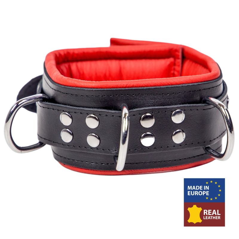 collier en cuir rembourre avec 3 anneaux d rouge 1
