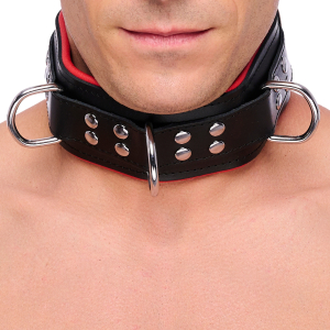 collier en cuir rembourre avec 3 anneaux d rouge