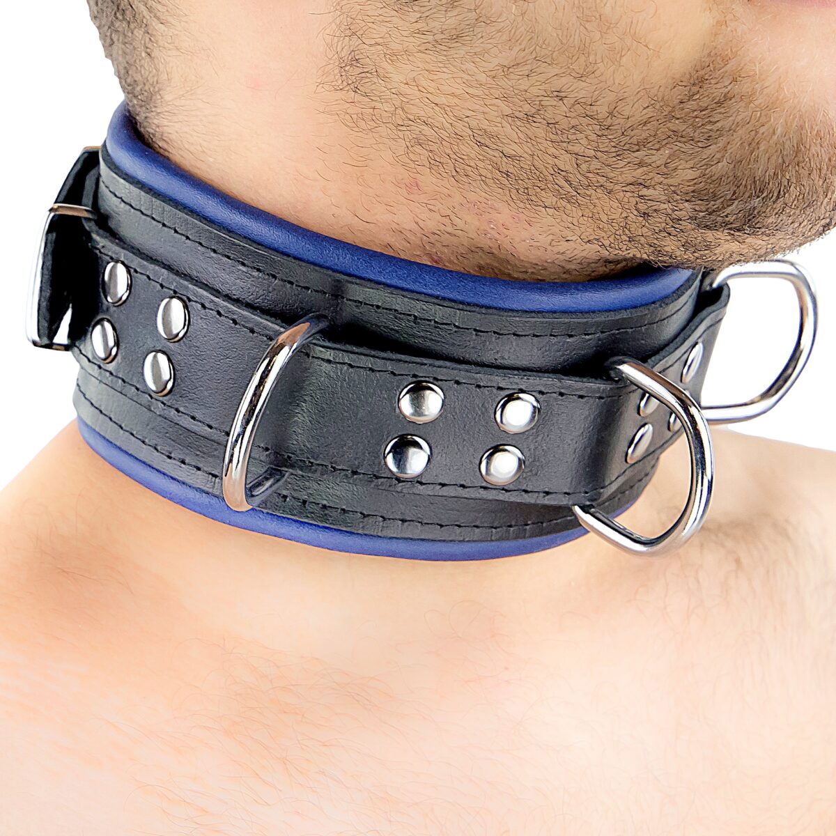 collier rembourre en cuir 3 anneaux d bleu 1