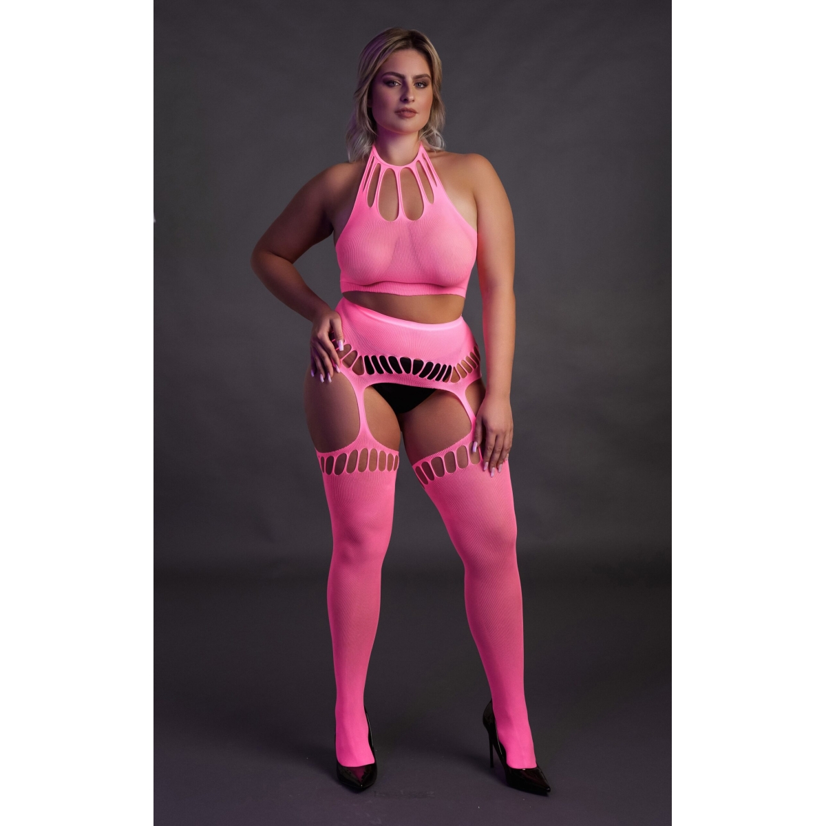 ensemble bustier dos nu et porte jarretelles 2 pieces rose fluo 14 scaled
