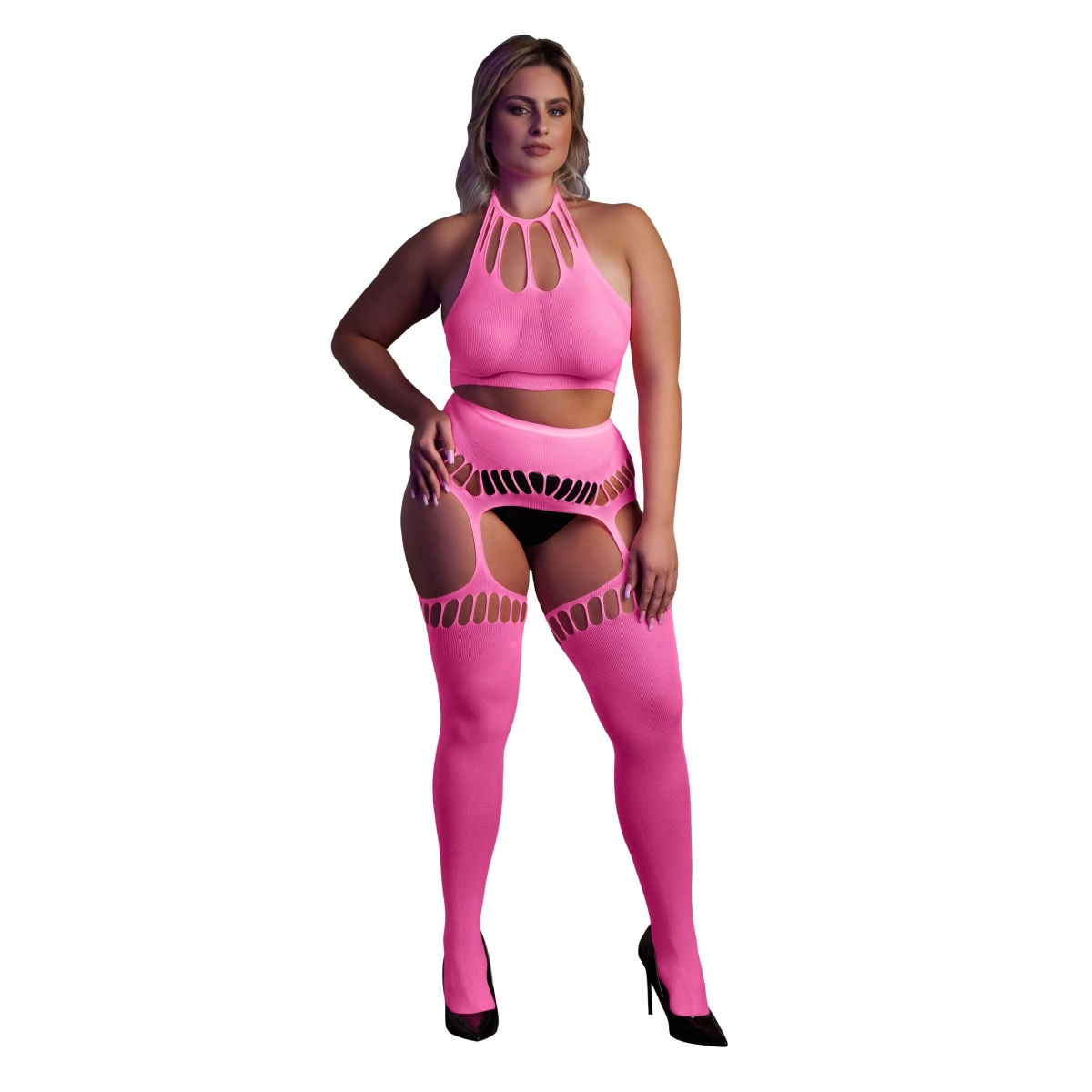 ensemble bustier dos nu et porte jarretelles 2 pieces rose fluo 2 scaled