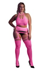 ensemble bustier dos nu et porte jarretelles 2 pieces rose fluo 2 scaled
