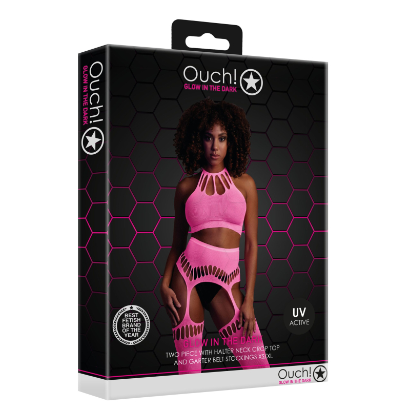 ensemble bustier dos nu et porte jarretelles 2 pieces rose fluo 4 scaled