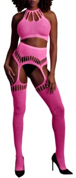 ensemble bustier dos nu et porte jarretelles 2 pieces rose fluo scaled