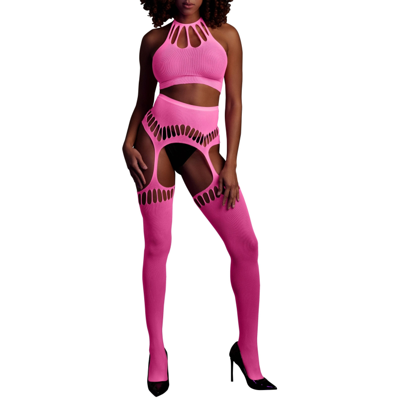 ensemble bustier dos nu et porte jarretelles 2 pieces rose fluo scaled