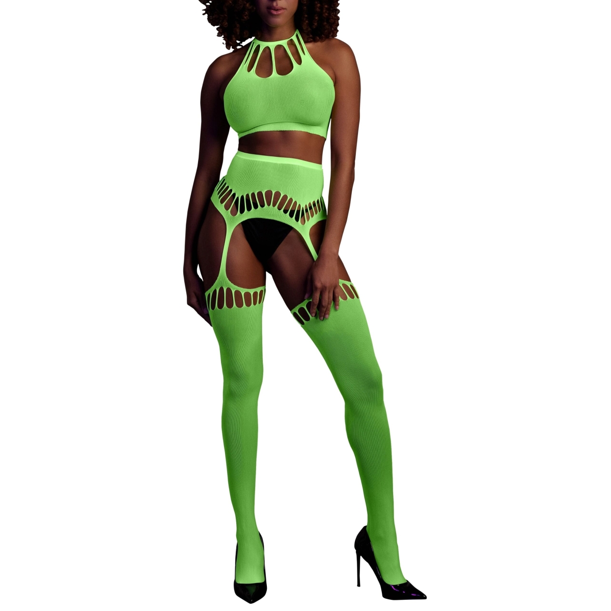 ensemble bustier dos nu et porte jarretelles 2 pieces vert fluo scaled