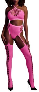 ensemble bustier et porte jarretelles 2 pieces rose fluo scaled