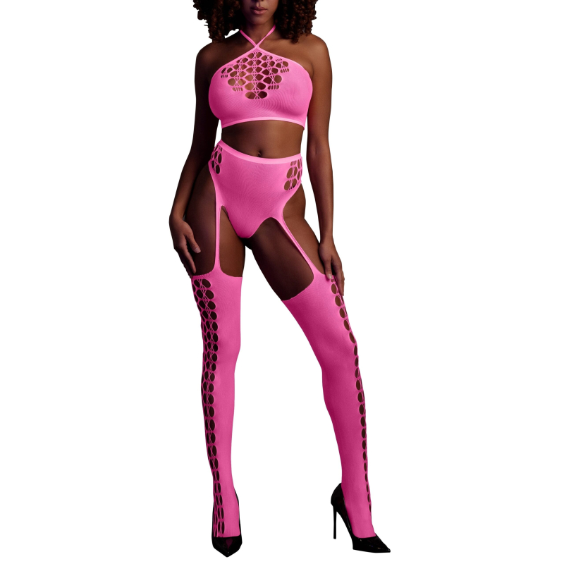 ensemble bustier et porte jarretelles 2 pieces rose fluo scaled
