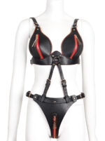ensemble ouvert 2 pieces leathcrossed noir et rouge
