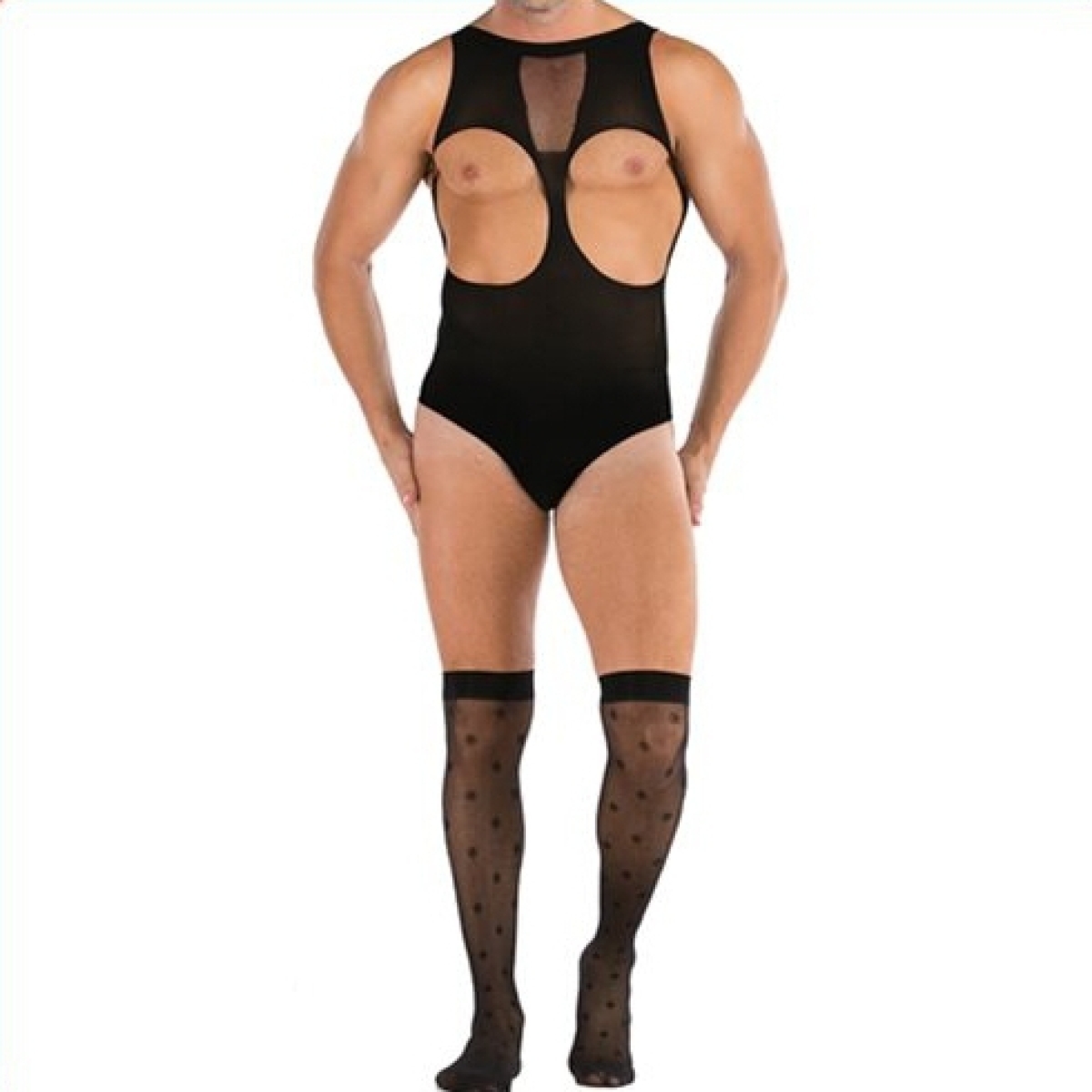 hot sleeveless cupless men mesh teddy with stockings 1