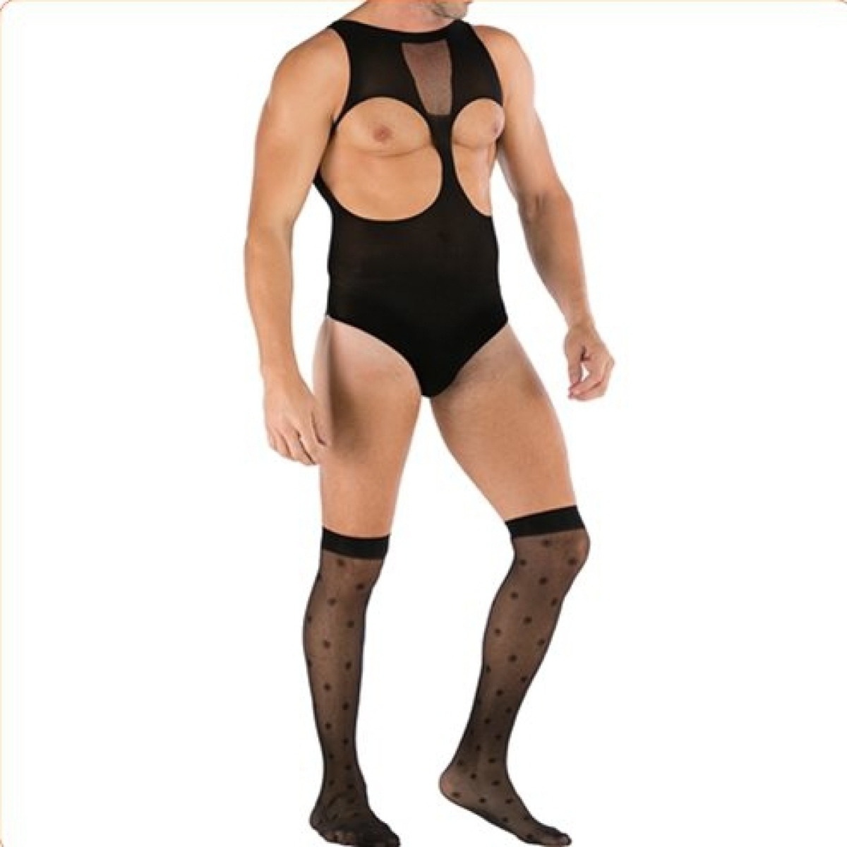 hot sleeveless cupless men mesh teddy with stockings