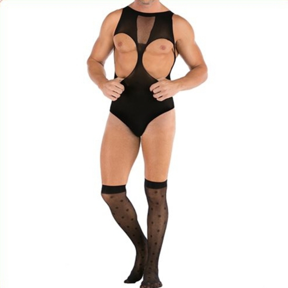 hot sleeveless cupless men mesh teddy with stockings 2