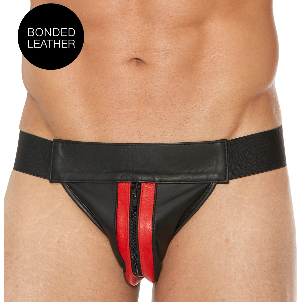 jockstrap avec zip striped front noir rouge scaled