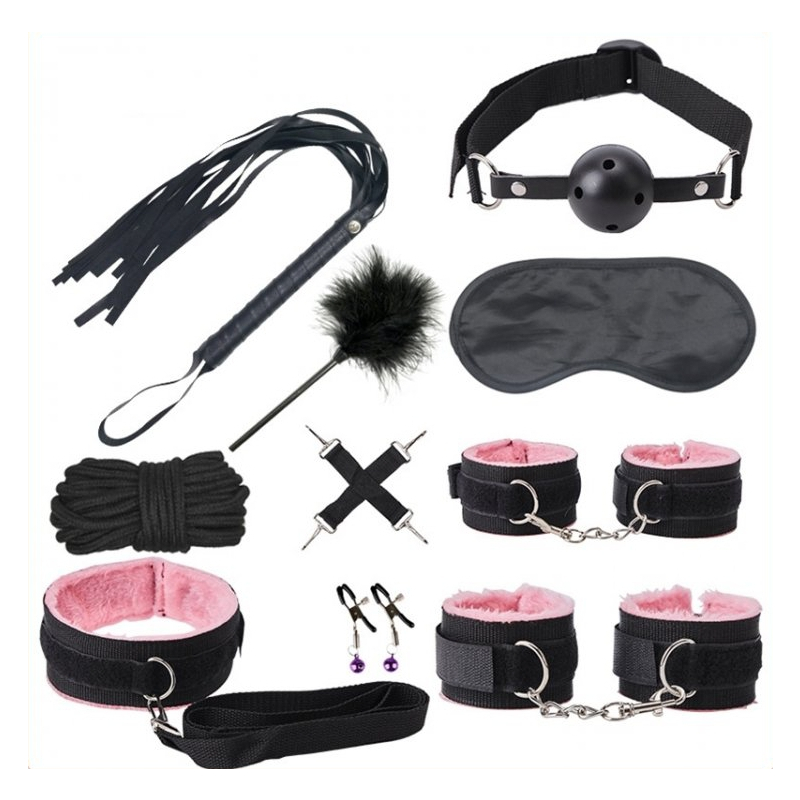 kit sm bondage push 9 pieces noir rose
