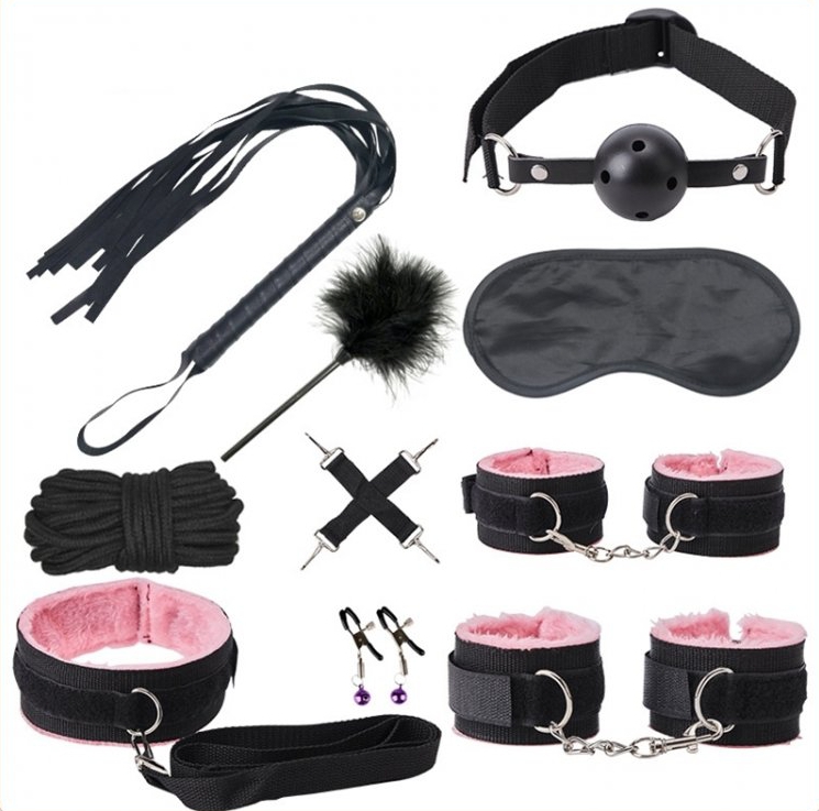 kit sm bondage push 9 pieces noir rose