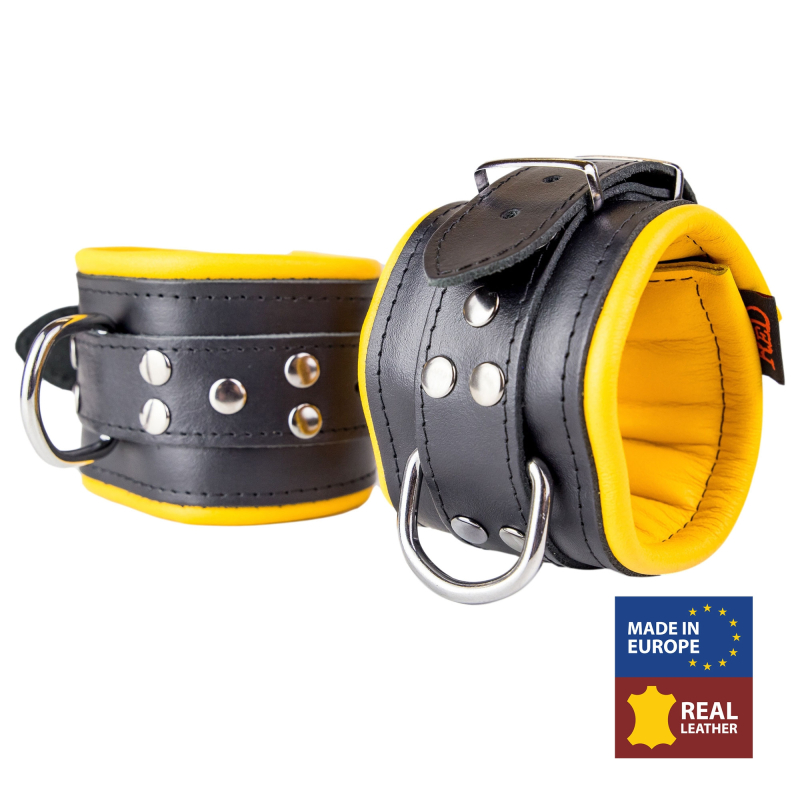 menotte pour pied en cuir rembourre noirjaune