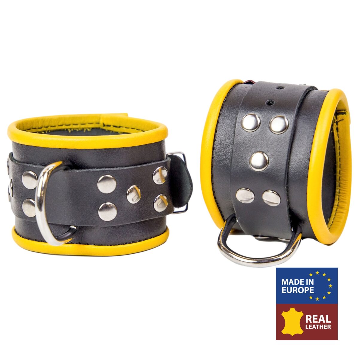 menottes en cuir pour chevilles noir jaune
