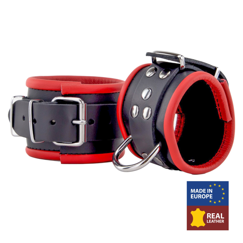 menottes en cuir pour poignets noir rouge 1